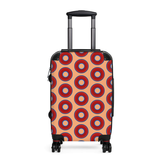 The Very Lumpy Donut Suitcase series - your choice of S, M or L - vivid red donut print w/peach background