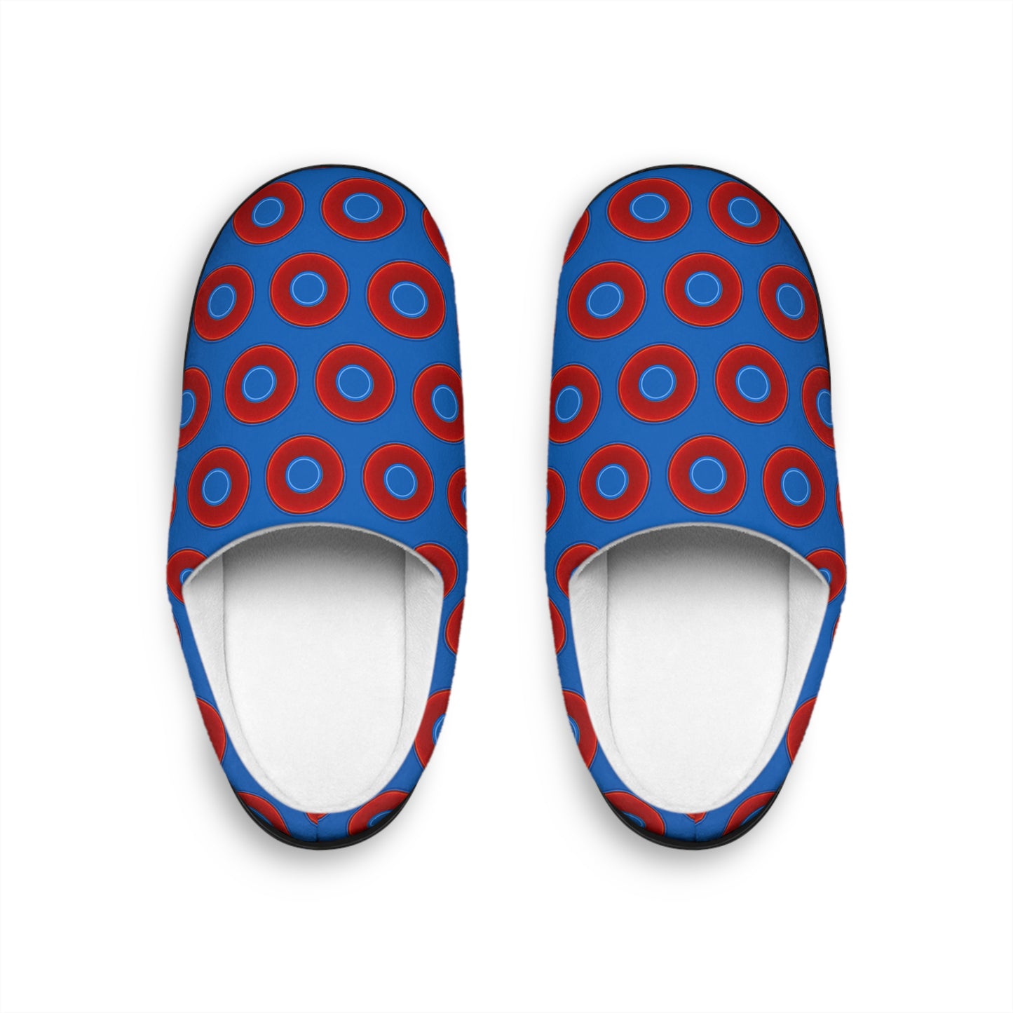 Men's Lumpy Slippers - red vivid donut print w/dark royal blue background