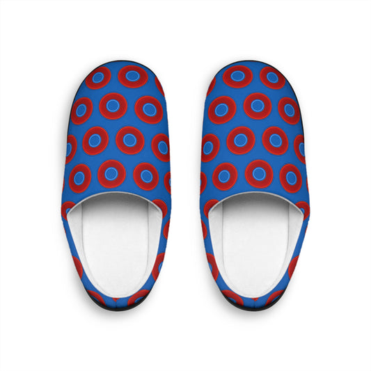 Men's Lumpy Slippers - red vivid donut print w/dark royal blue background