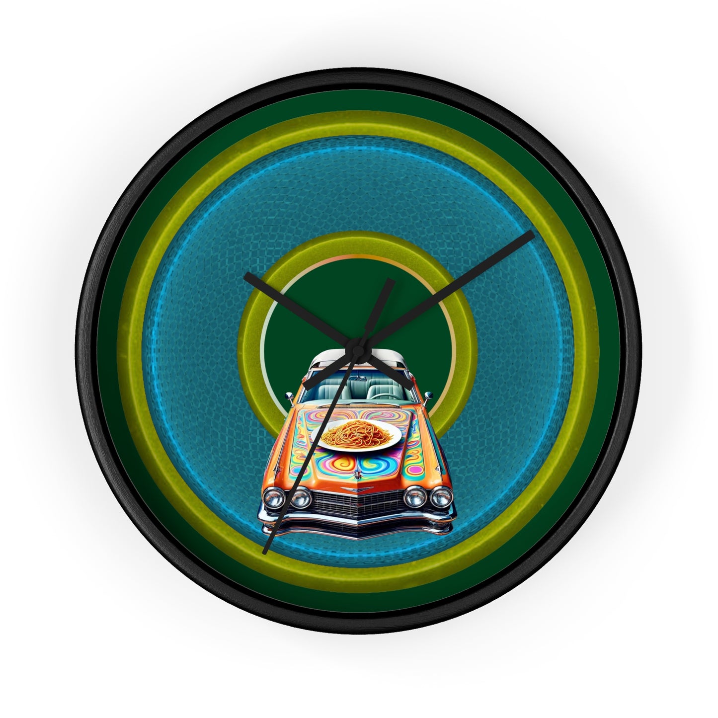 Lumpy Wall Clock - "Cadillac Rainbows & Eating on the Run" - variant 4 - rustic blue/green donut w/pond green background