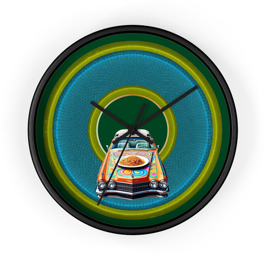 Lumpy Wall Clock - "Cadillac Rainbows & Eating on the Run" - variant 4 - rustic blue/green donut w/pond green background