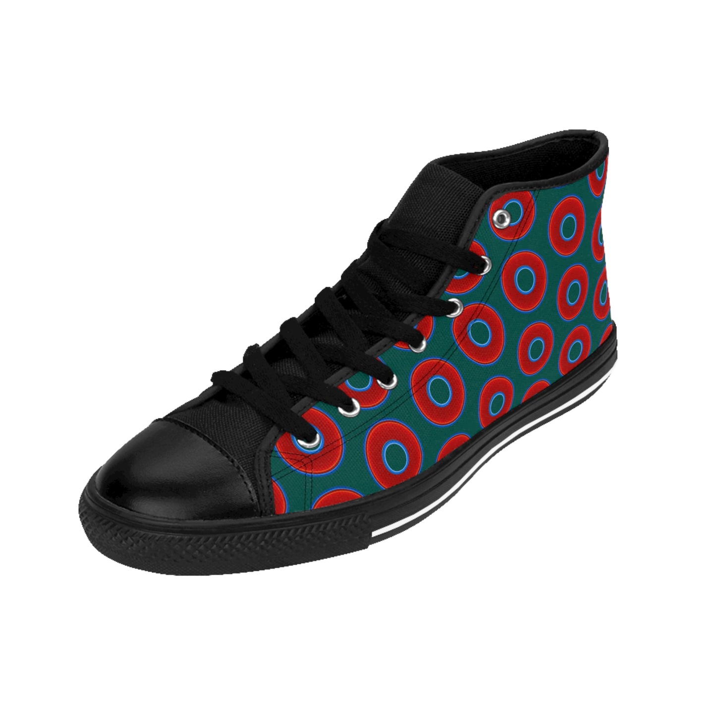 Men's Cushiony Convectors - High Tops - red vivid donuts w/dark Fenway green background