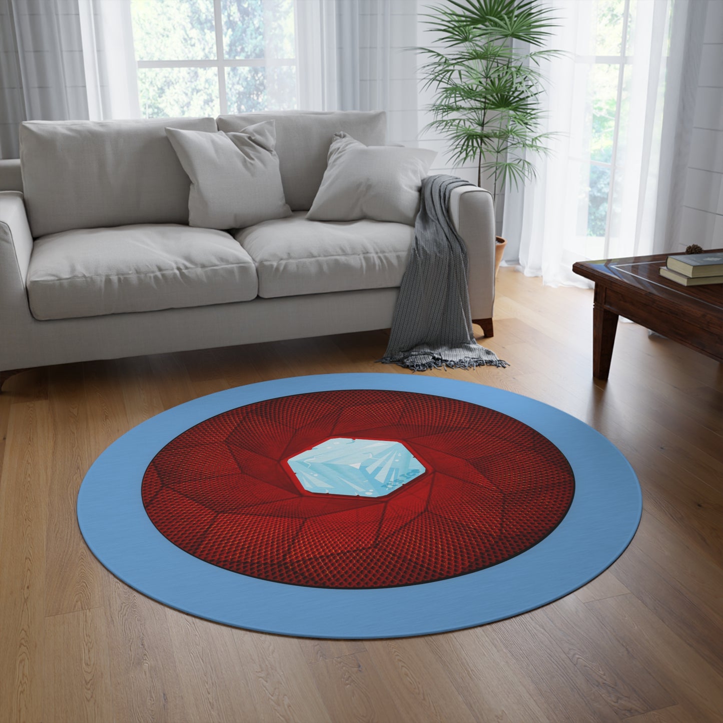 Round Room - 5 ft x 5 ft Lumpy Donut Rug - "It's Ice... Cube's Donut Rug" - cubed red donut w/light blue background - variant 1