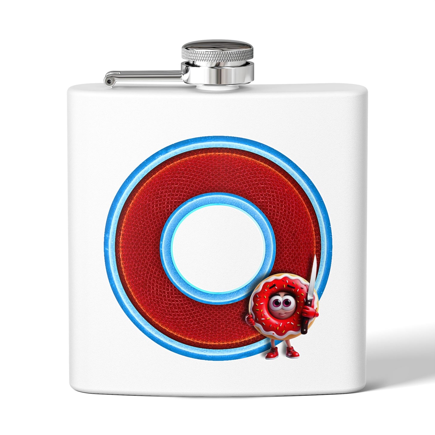 Lump's Donut Flask 6 oz -  "My Phriend, My Phriend the Donut's Flask" - red/light blue rustic donut - [*w/your choice of 6 backgrounds]