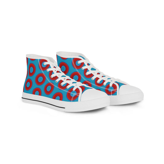 Men's High Top Chucks - large vivid red donut print w/aquamarine blue background