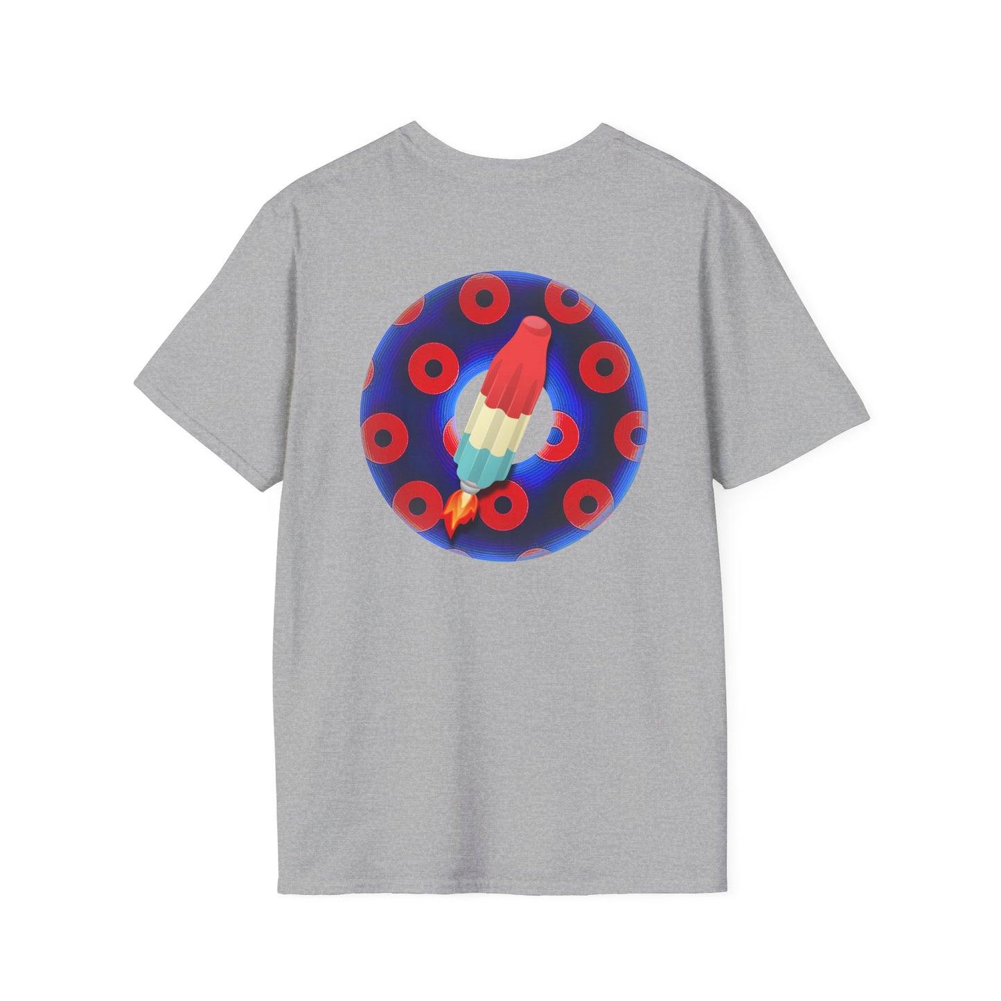 Classic Donut Tee - Unisex Soft-Style - "Blow this Popsicle Stand" - blue/red paradox bomb pop donut - variant 1