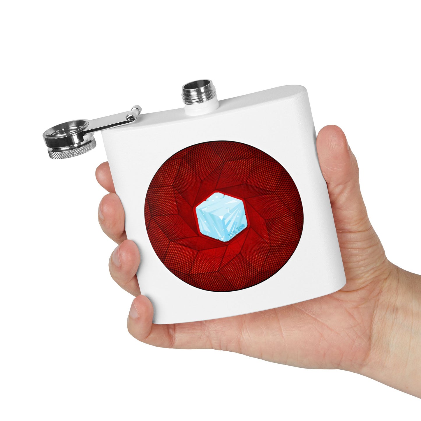 Lump's Donut Flask 6 oz -  "It's Ice... Cube's Donut Flask" - variant 1 - red cubed donut - [*w/your choice of 6 backgrounds]