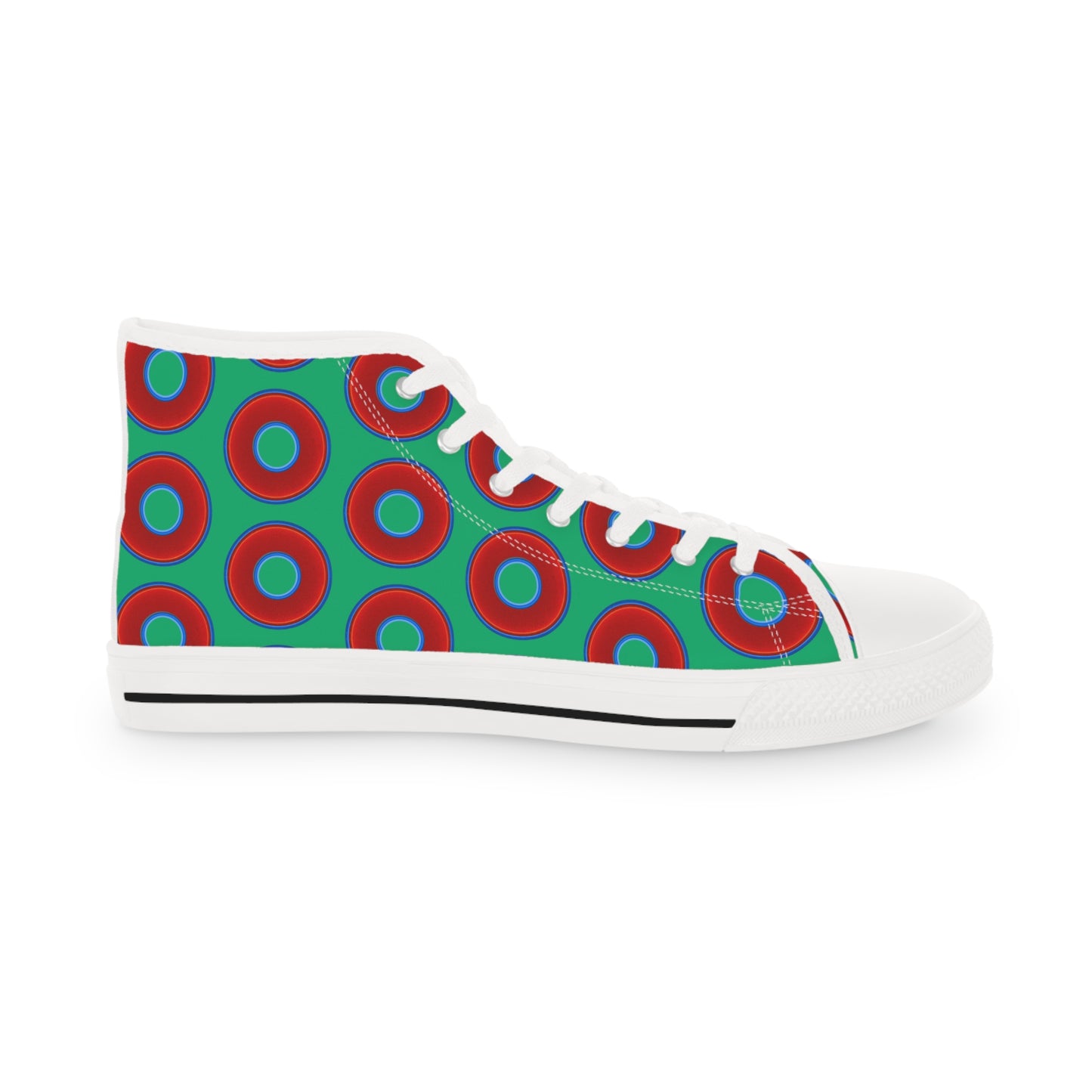 Men's High Top Chucks - large vivid red donut print w/jade green background