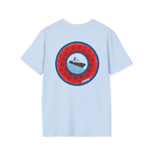 Classic Donut Tee - Unisex Soft-Style - "Phree Donut Sliders" - red/blue widemouthed paradox donut