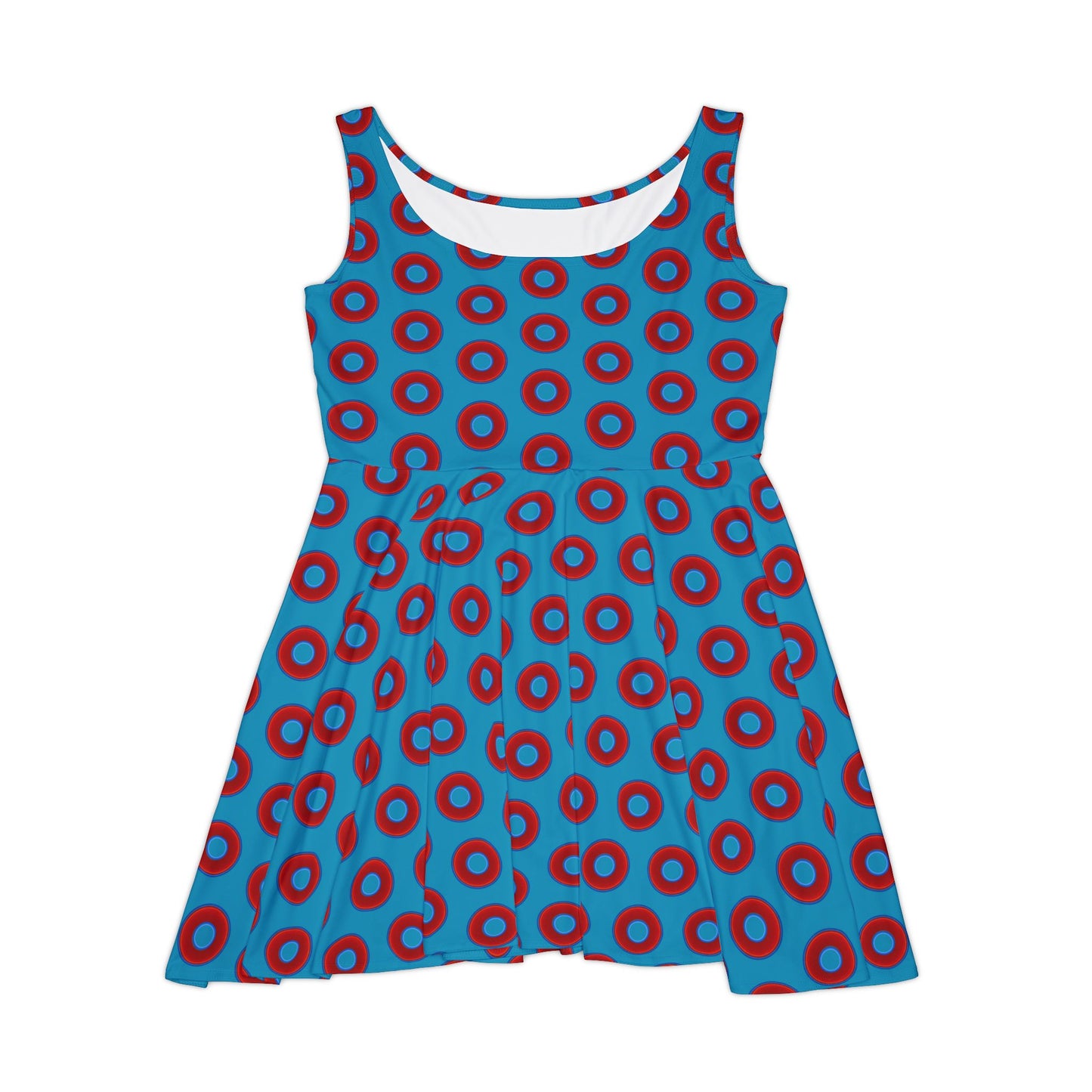 Women's Skater Donut Dress - vivid red donut print w/aquamarine blue background
