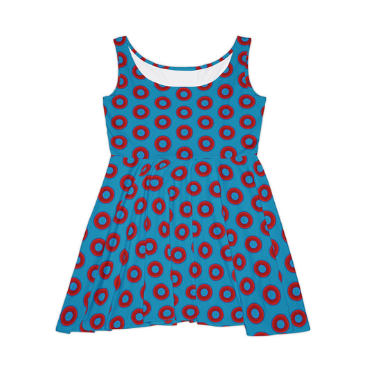 Women's Skater Donut Dress - vivid red donut print w/aquamarine blue background