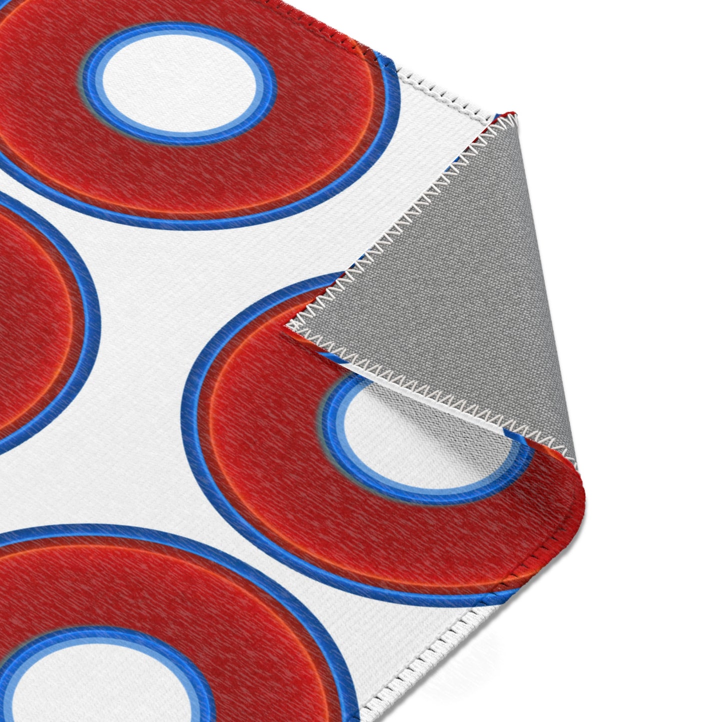 Lumpy Donut Print Rug - choice of 3 sizes - vivid red donut print w/white background