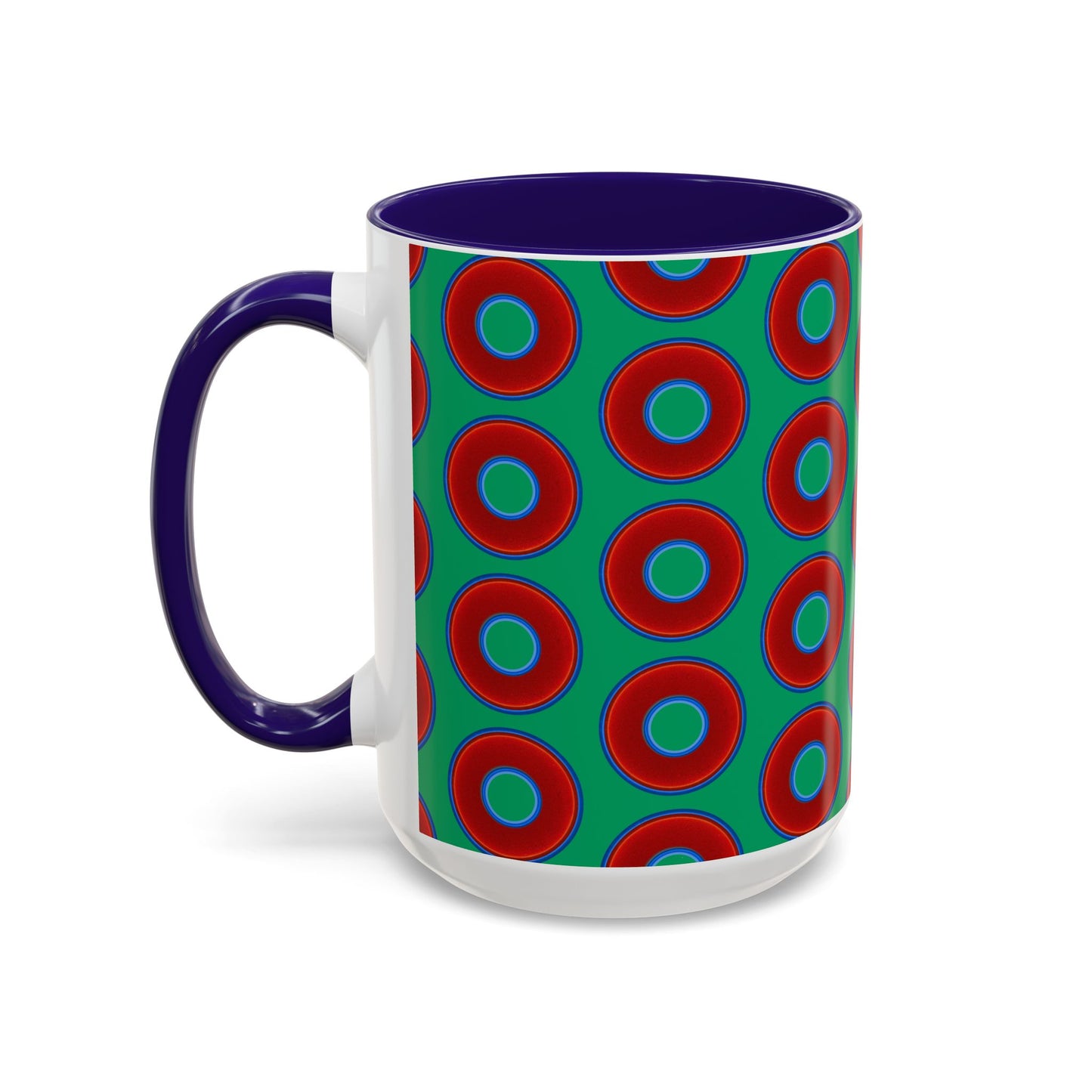 Lump's Grumpy Coffee Mug - vivid red donuts w/jade green background