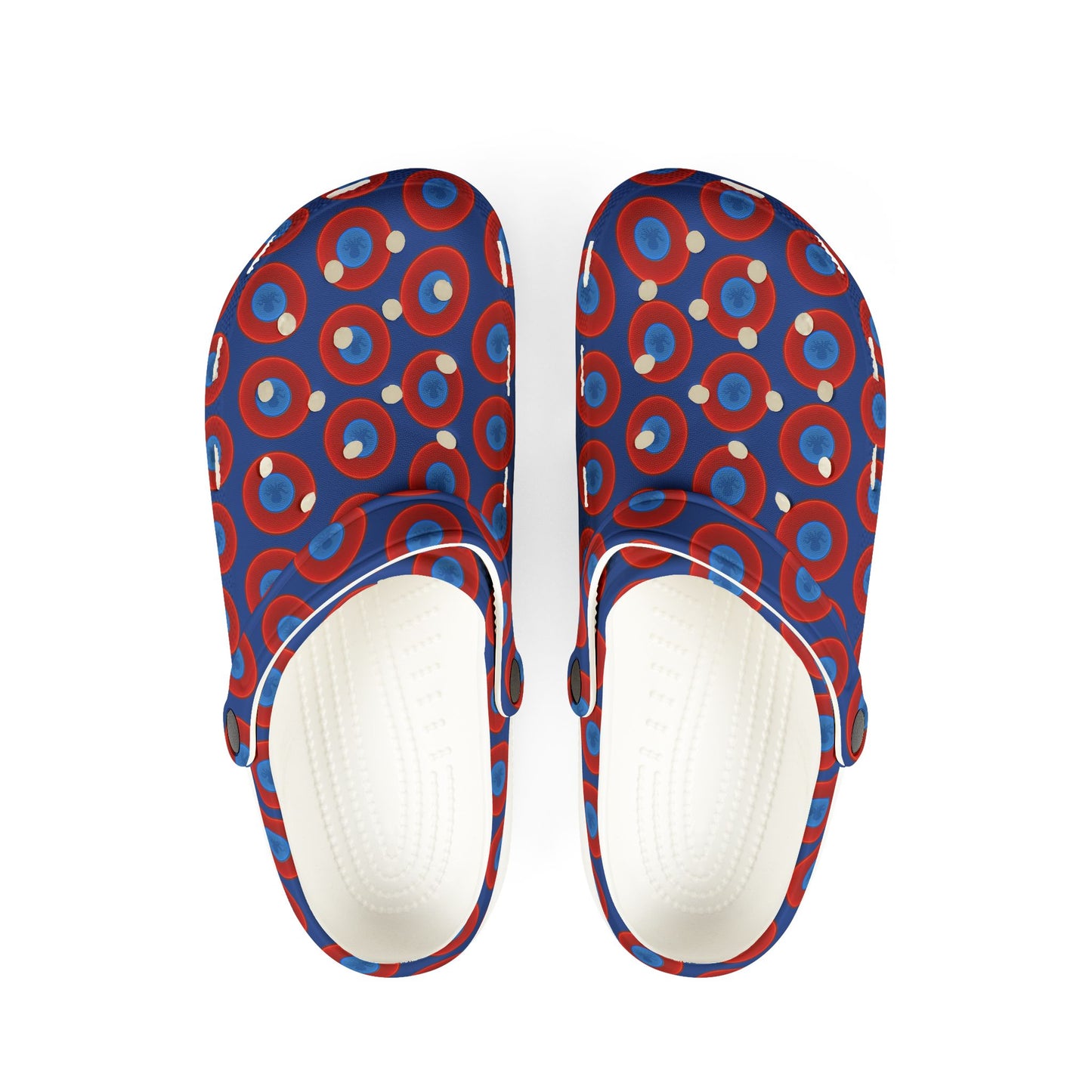Spatchcocks - donut slip-on shoes - "Roger Moore's Octopussy Donut" - red vivid donuts w/dark blue background [unisex]