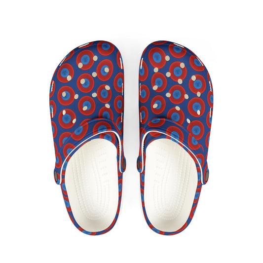 Spatchcocks - donut slip-on shoes - "Roger Moore's Octopussy Donut" - red vivid donuts w/dark blue background [unisex]