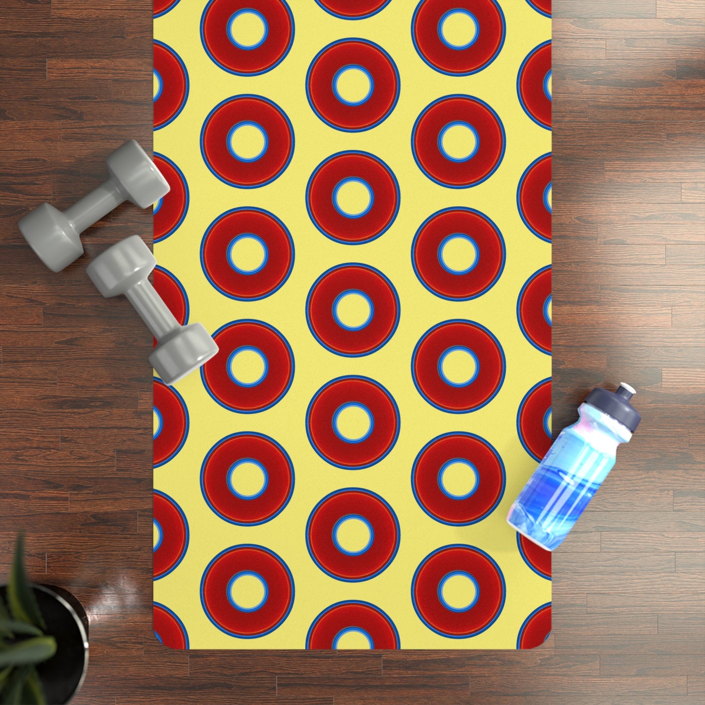 Lumpy Donut Yoga Mat :) - 24″ x 70" - vivid red donut print w/yellow background