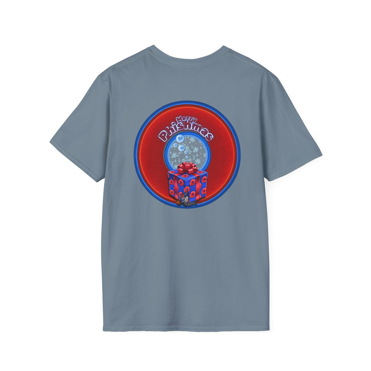 Classic Donut Tee - Unisex Soft-Style - "Phishmas Caroler's Tee " - vivid red/blue donut - variant 3