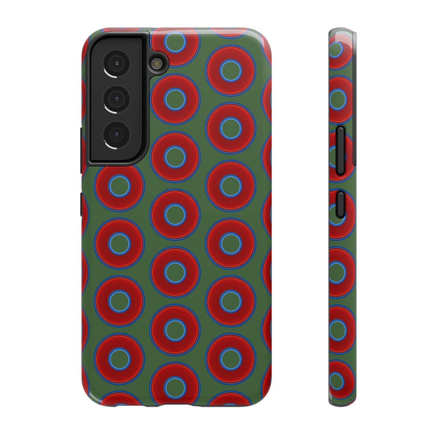 Impact-Resistant Lumpy Donut Case - red vivid donut print w/dark green background