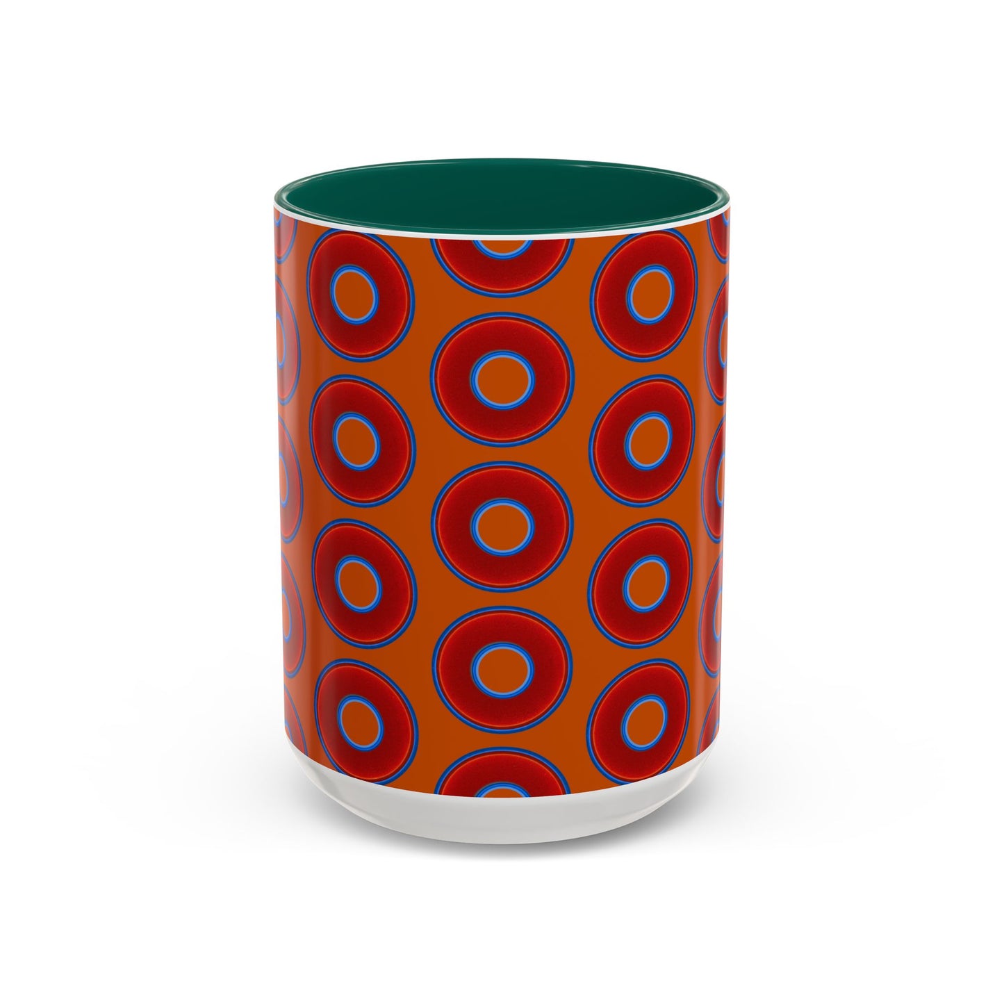 Lump's Grumpy Coffee Mug - vivid red donuts w/dark orange background