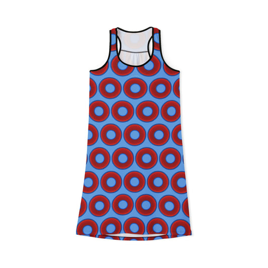 Tela's Lumpy Racerback Donut Dress - red vivid donut print w/light blue background