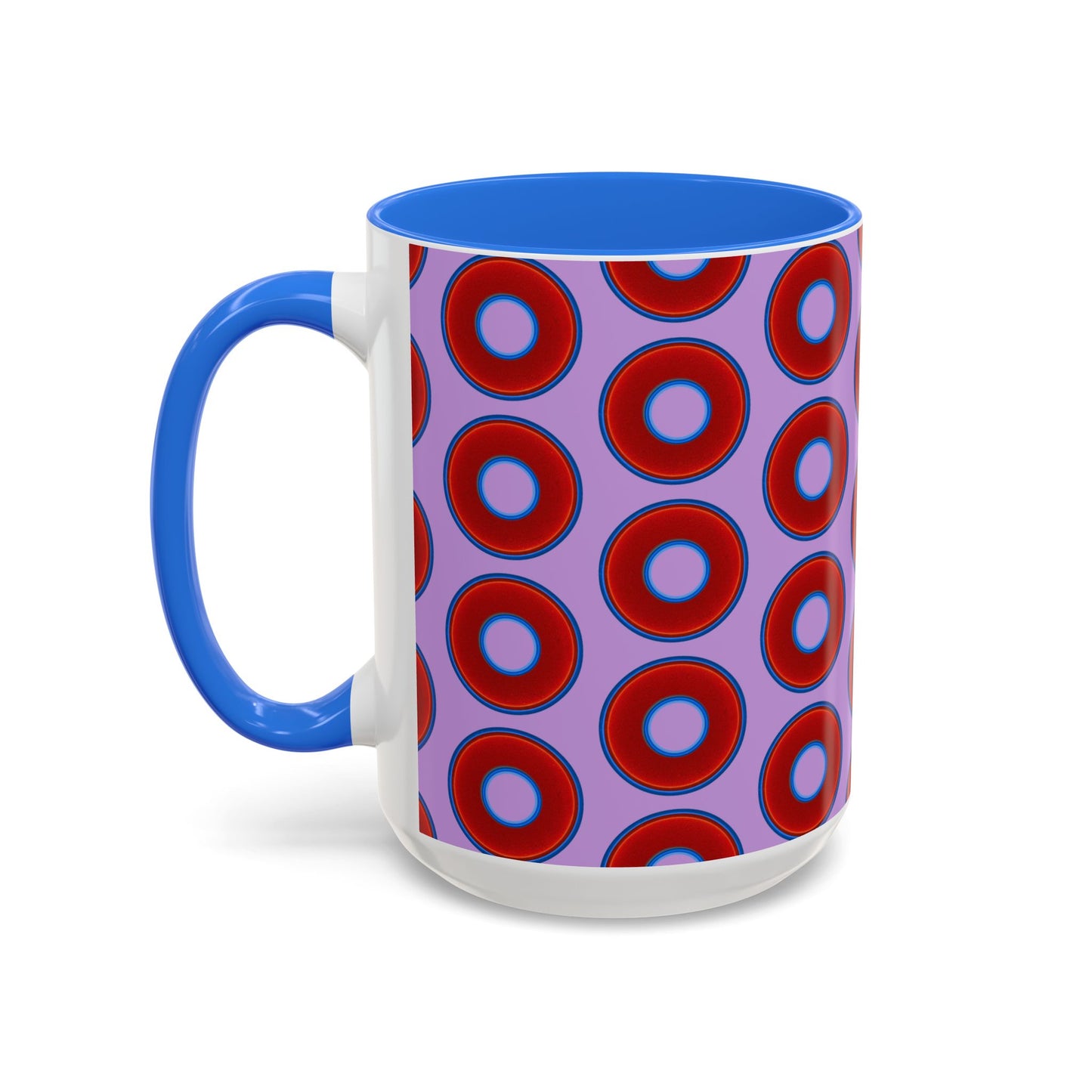 Lump's Grumpy Coffee Mug - vivid red donuts w/wisteria purple background