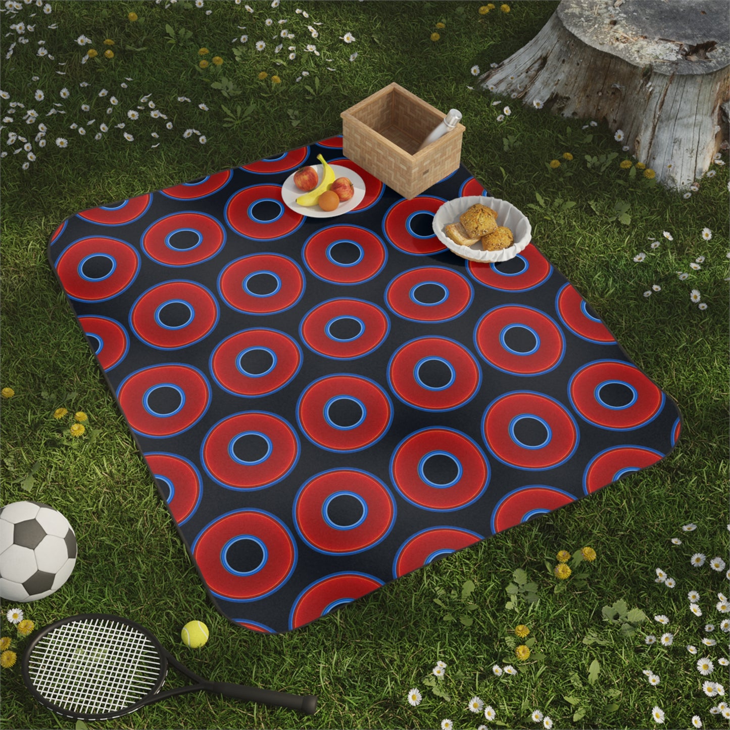 The Lumpy Party Blanket - giant water-resistant outdoor blanket [61" x 51"] - vivid red donuts w/blue charcoal background