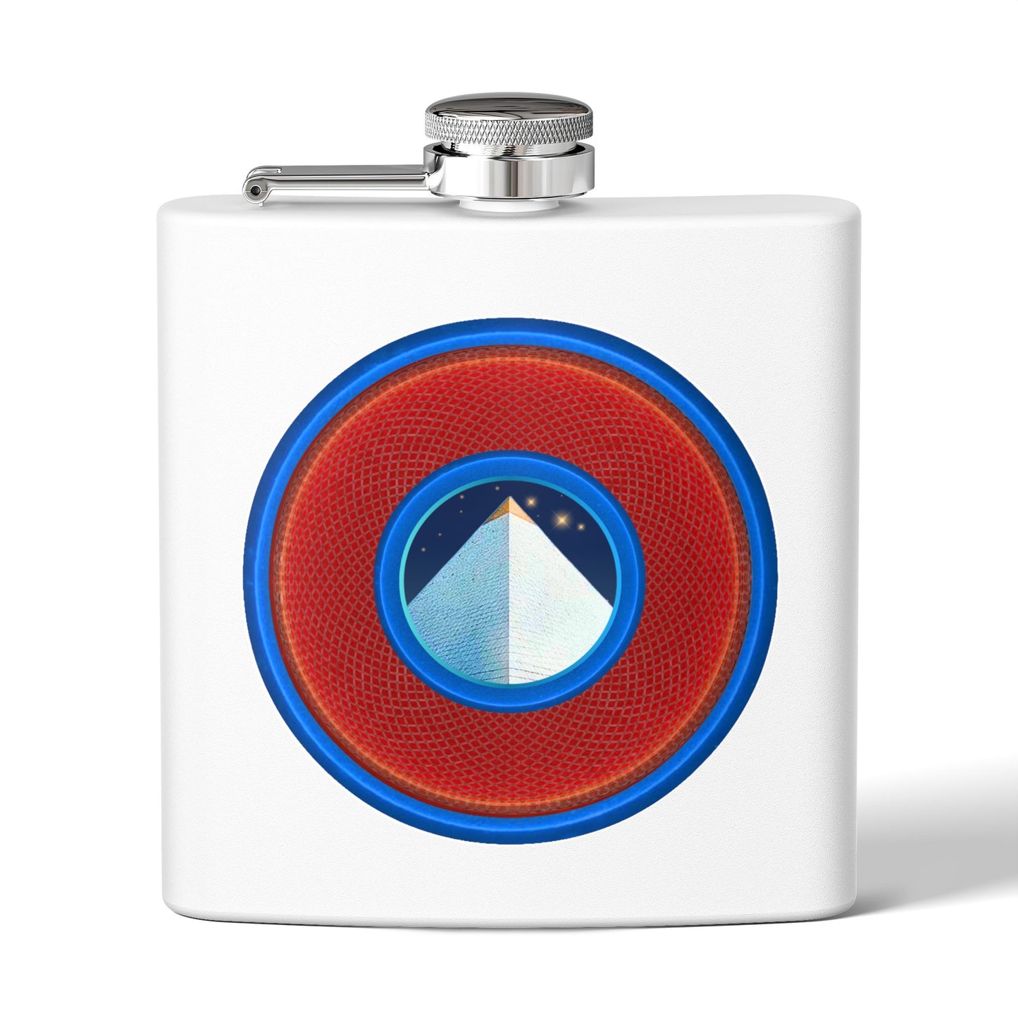 Lump's Donut Flask 6 oz -  "Limestone Flask" - red/light blue rustic donut - [*w/your choice of 6 backgrounds]