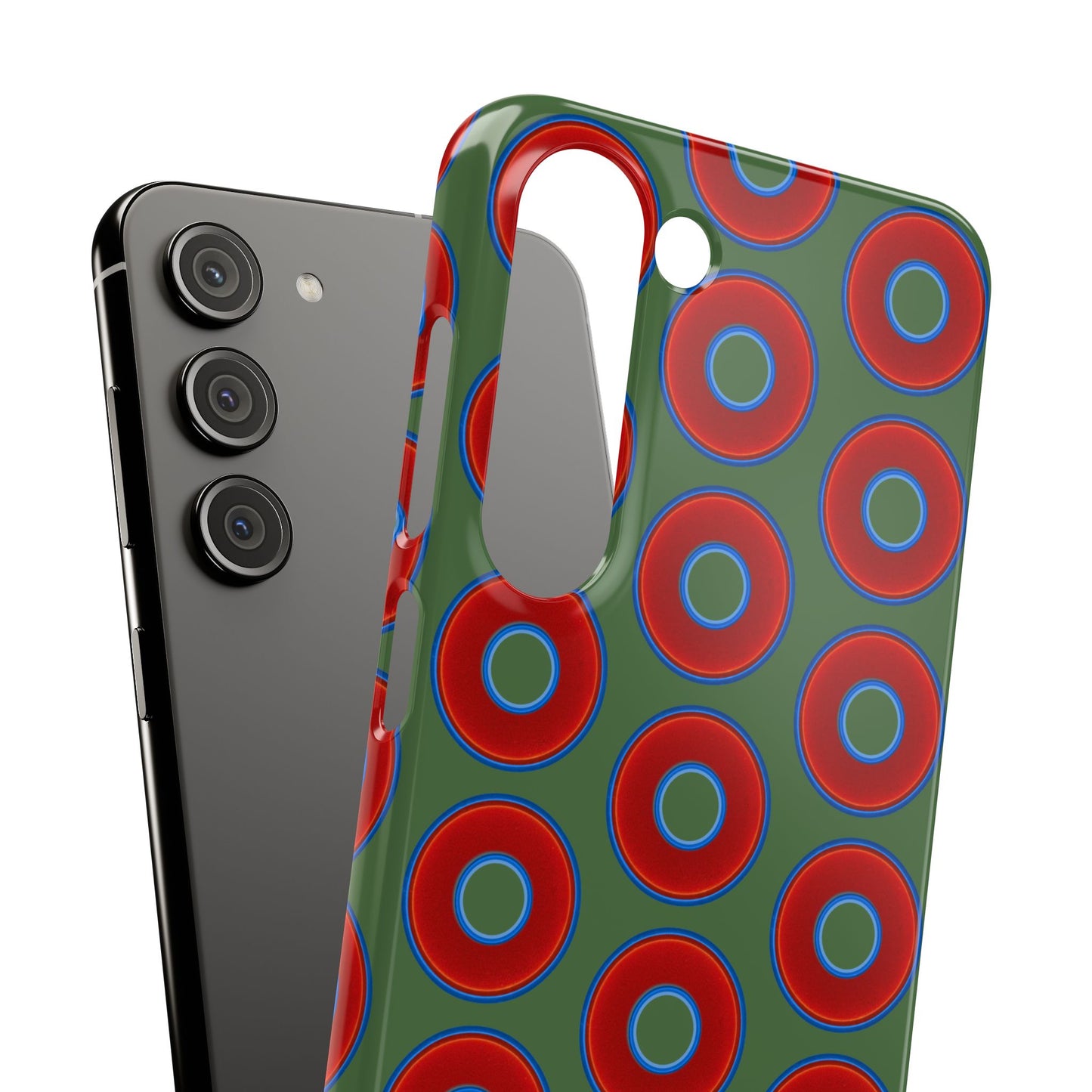 Lumpy Donut Snap Case - red vivid donut print w/dark green background