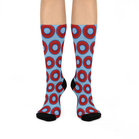 Lumpy Sox - cushioned crew - vivid red donut print w/sky blue background