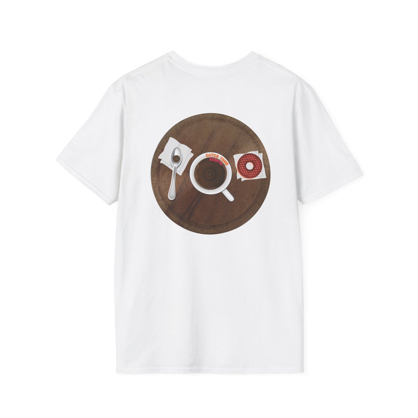 Classic Donut Tee - Unisex Soft-Style - "Coffee With My Donuts" - wooden table donut