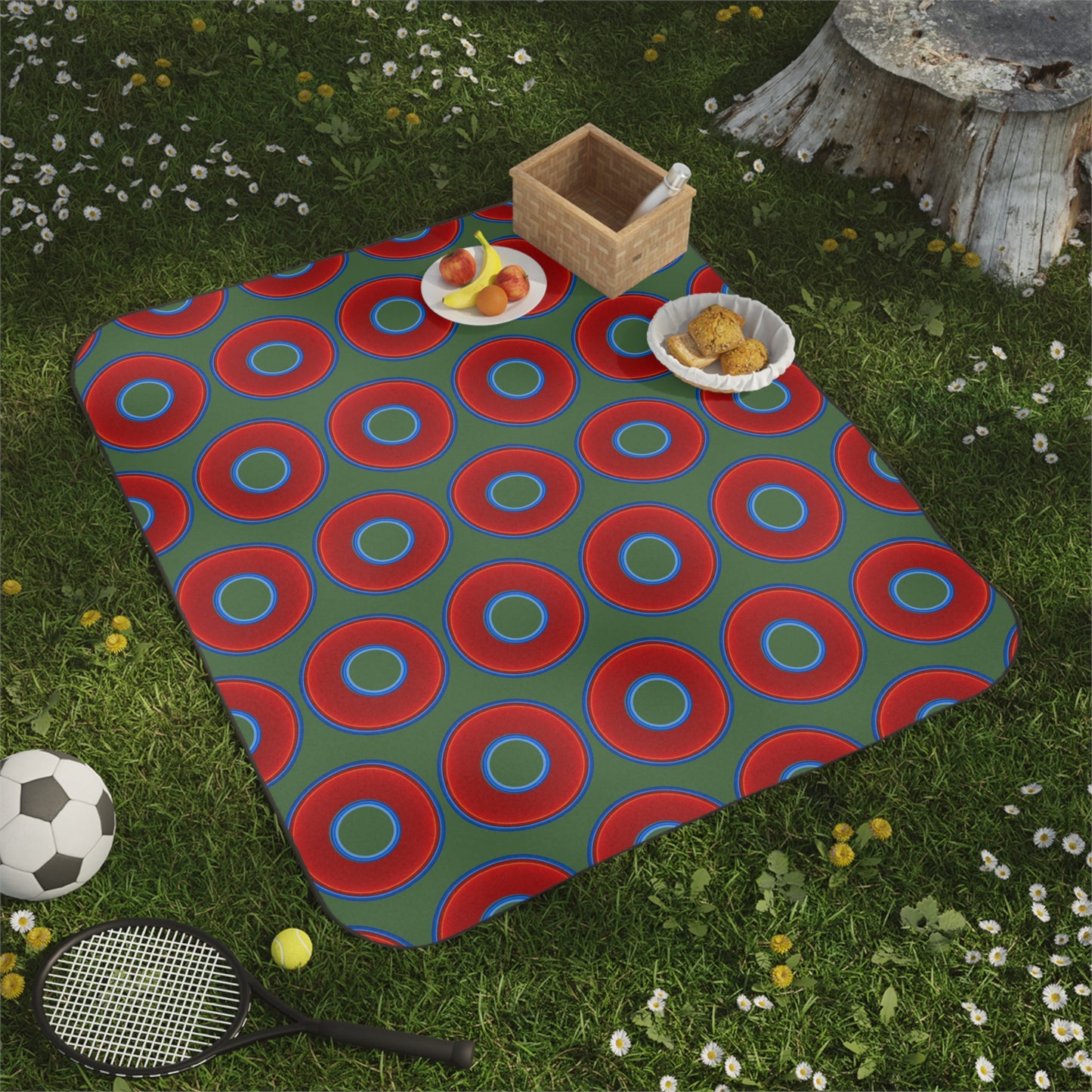 The Lumpy Party Blanket - giant water-resistant outdoor blanket [61" x 51"] - vivid red donuts w/dark green background