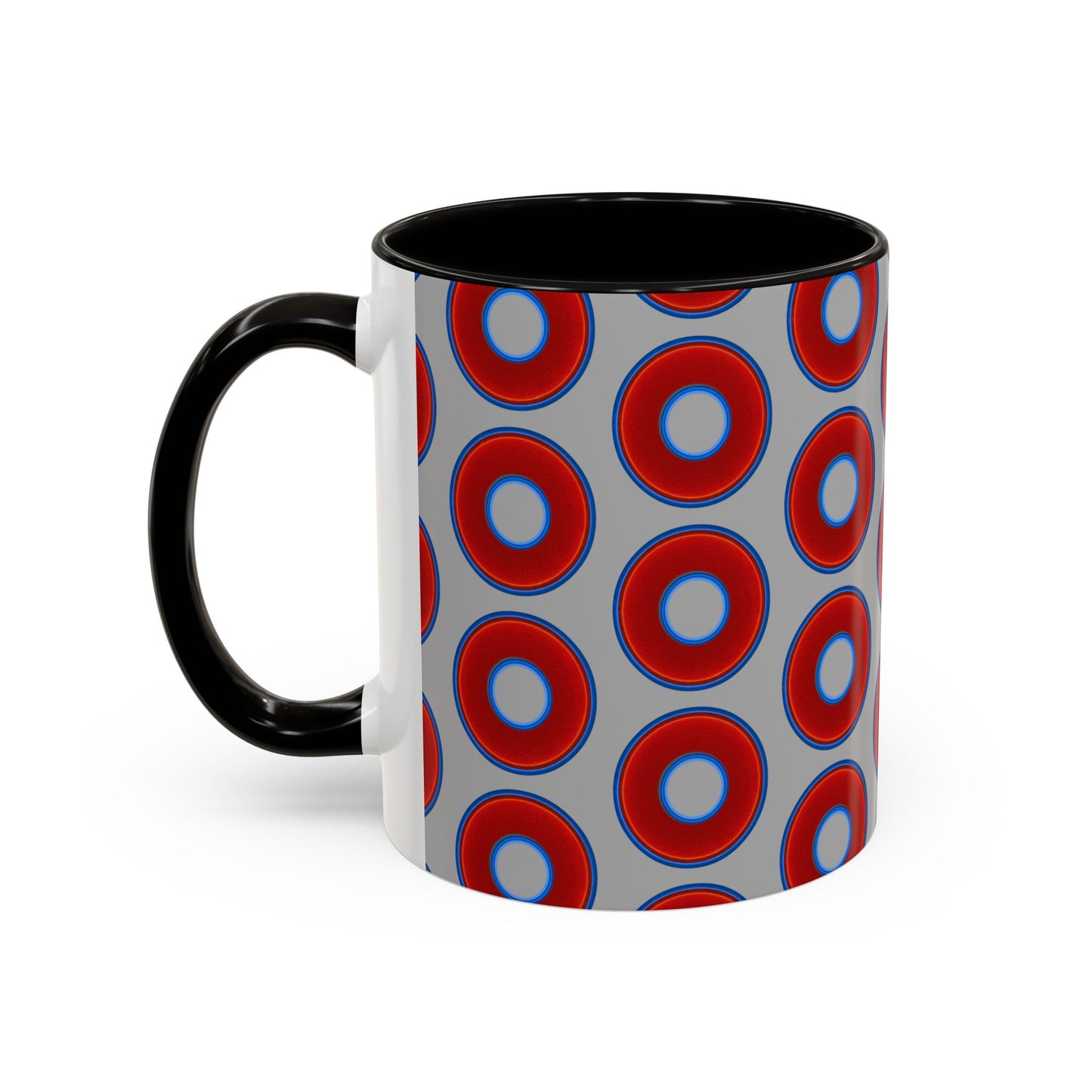 Lump's Grumpy Coffee Mug - vivid red donuts w/light gray background