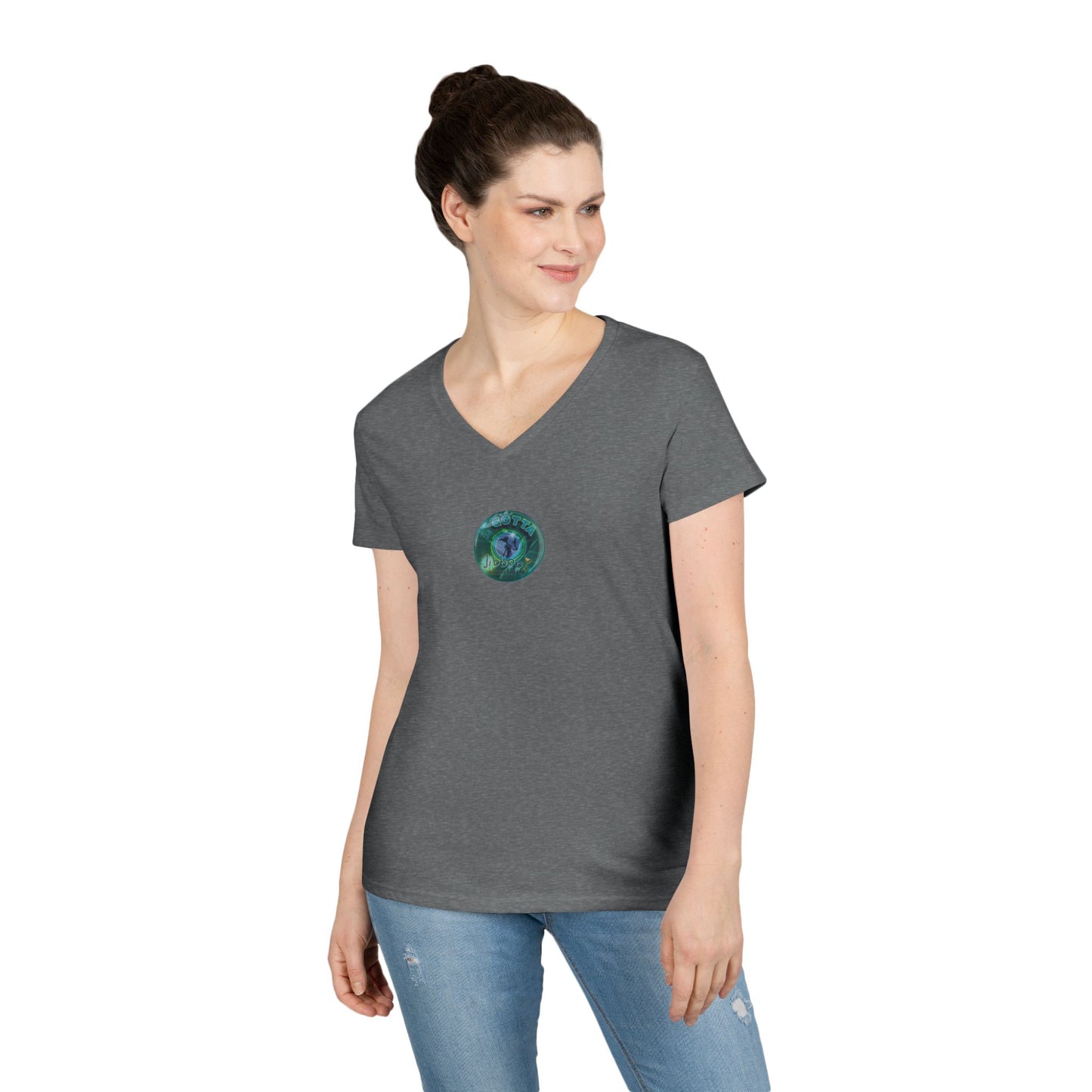 Women's Donut V-Neck Tee - "Momma just got out of Sing Sing" - vivid teal green donut w/