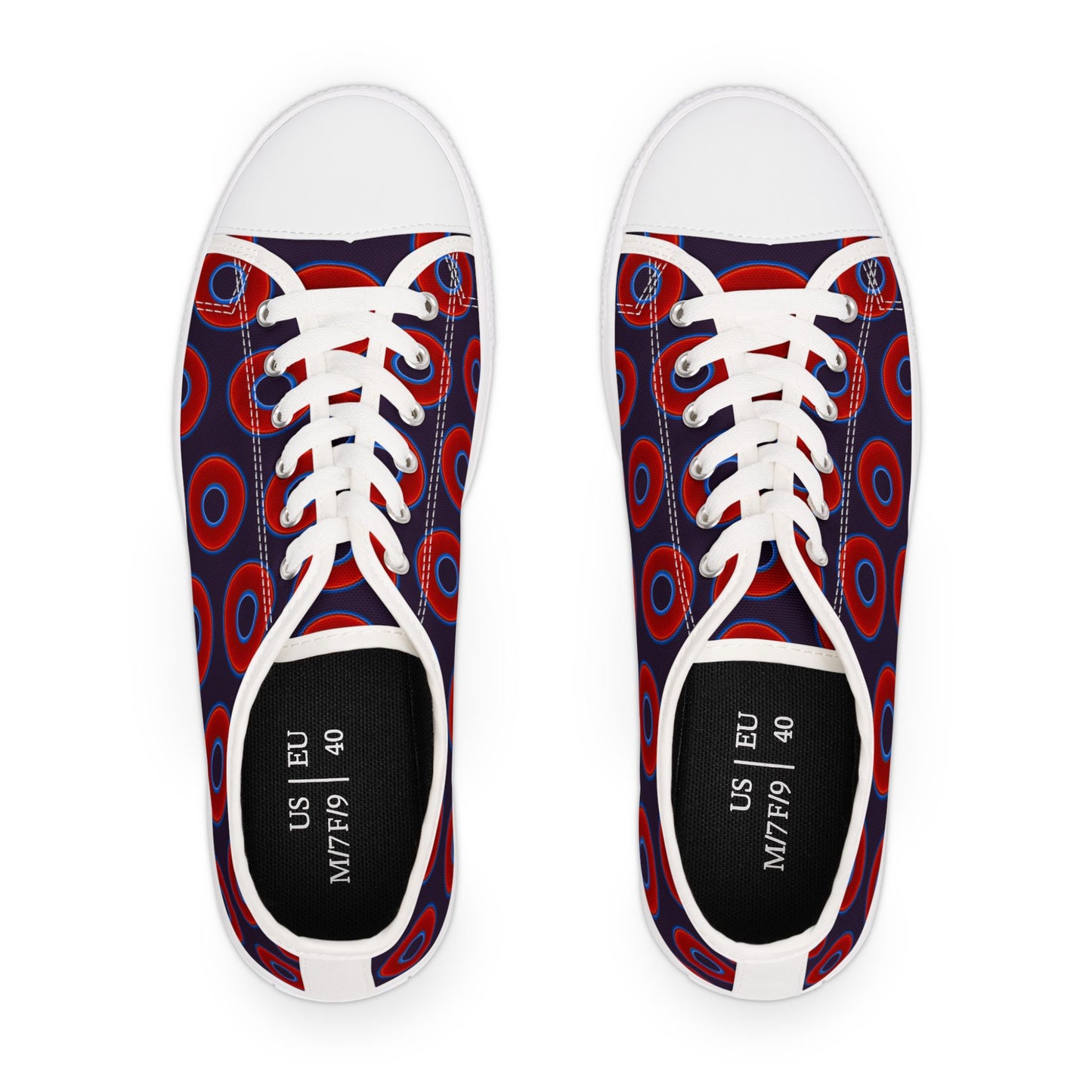 Women's - Low Top Chuck Taylors - large vivid red donut print w/midnight purple background
