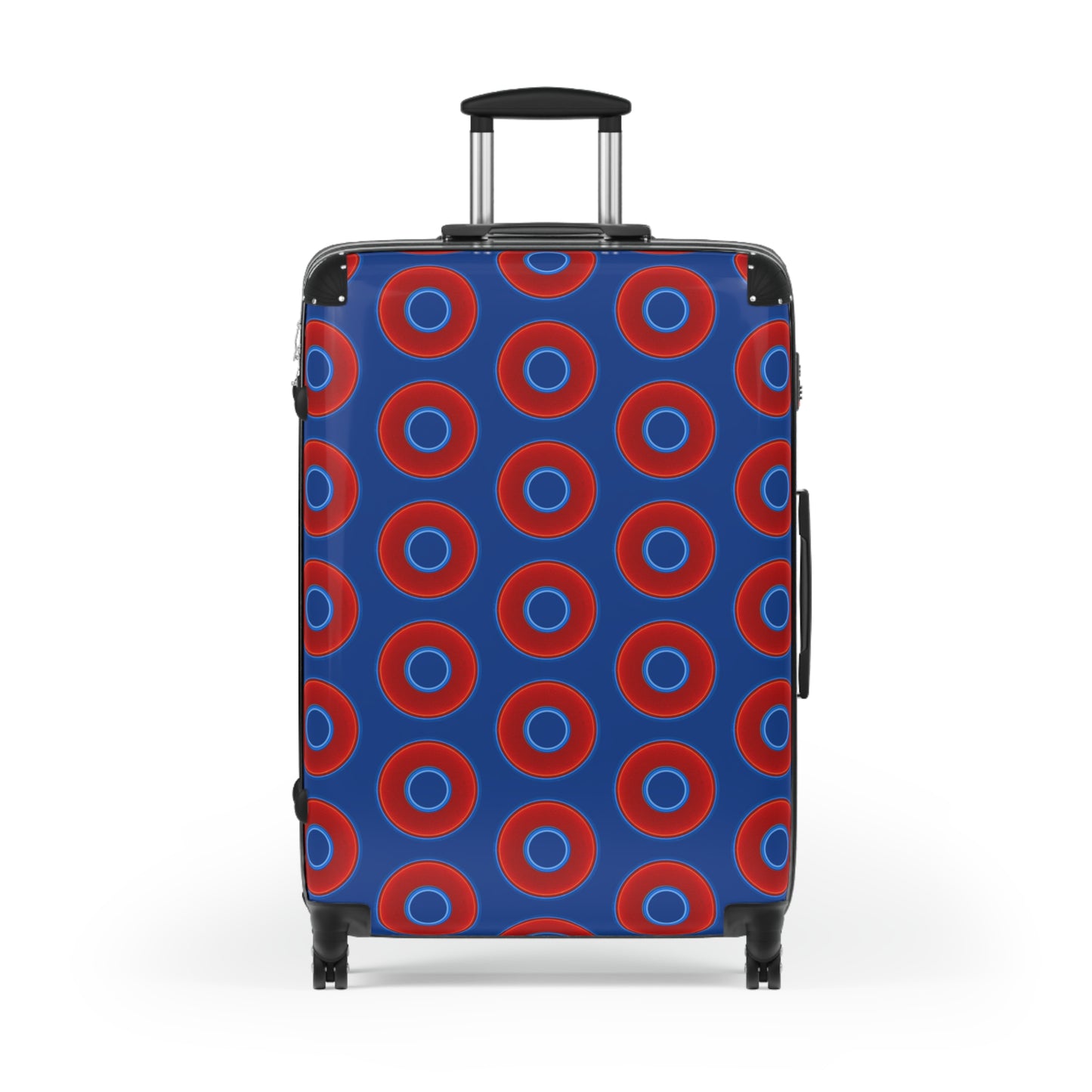 Very Lumpy Donut Suitcase series - your choice of S, M or L - vivid red donut print w/dark blue background