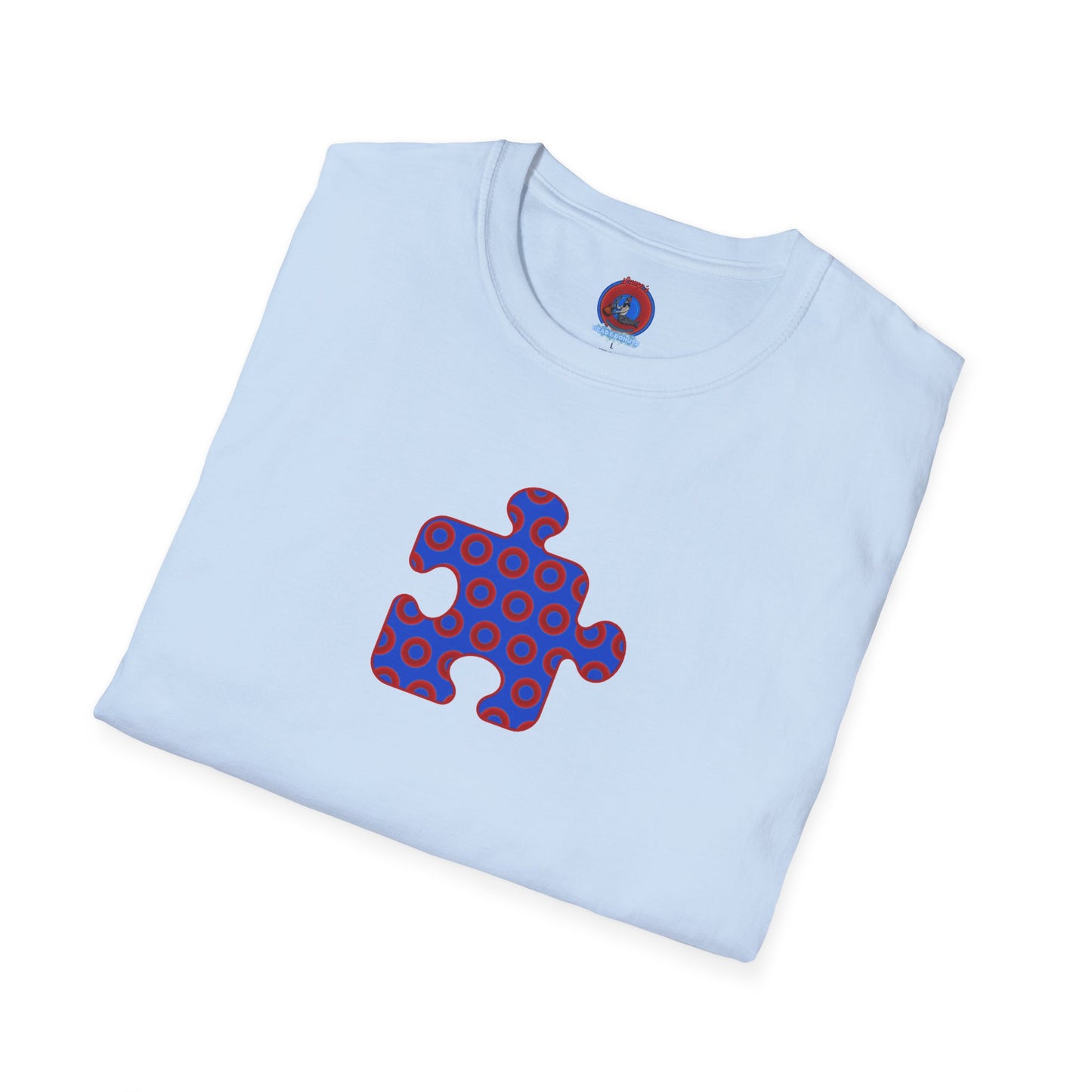 Classic Donut Tee - Unisex Soft-Style - "Trey's Completed Donut Pattern" - vivid red/blue puzzle pattern - variant 2