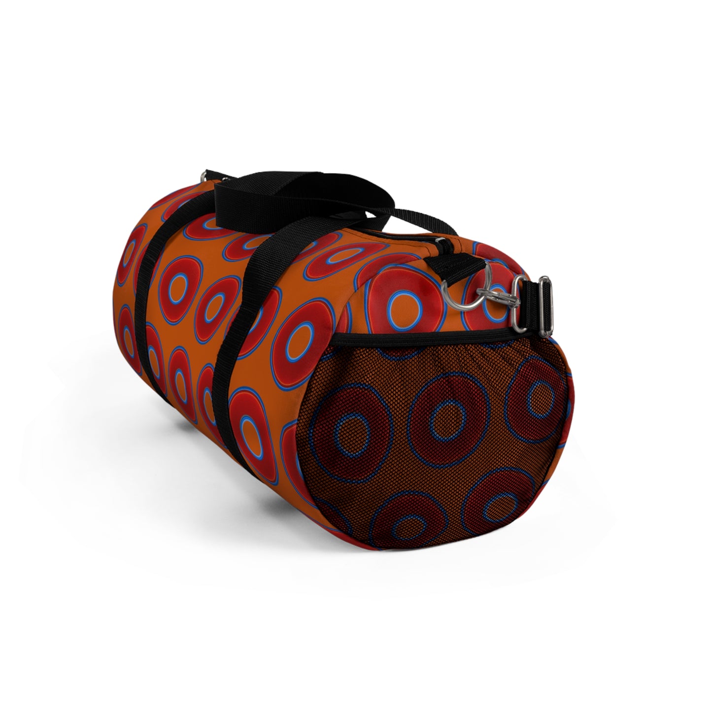 Lumpy Duffel - vivid red donuts w/dark orange background