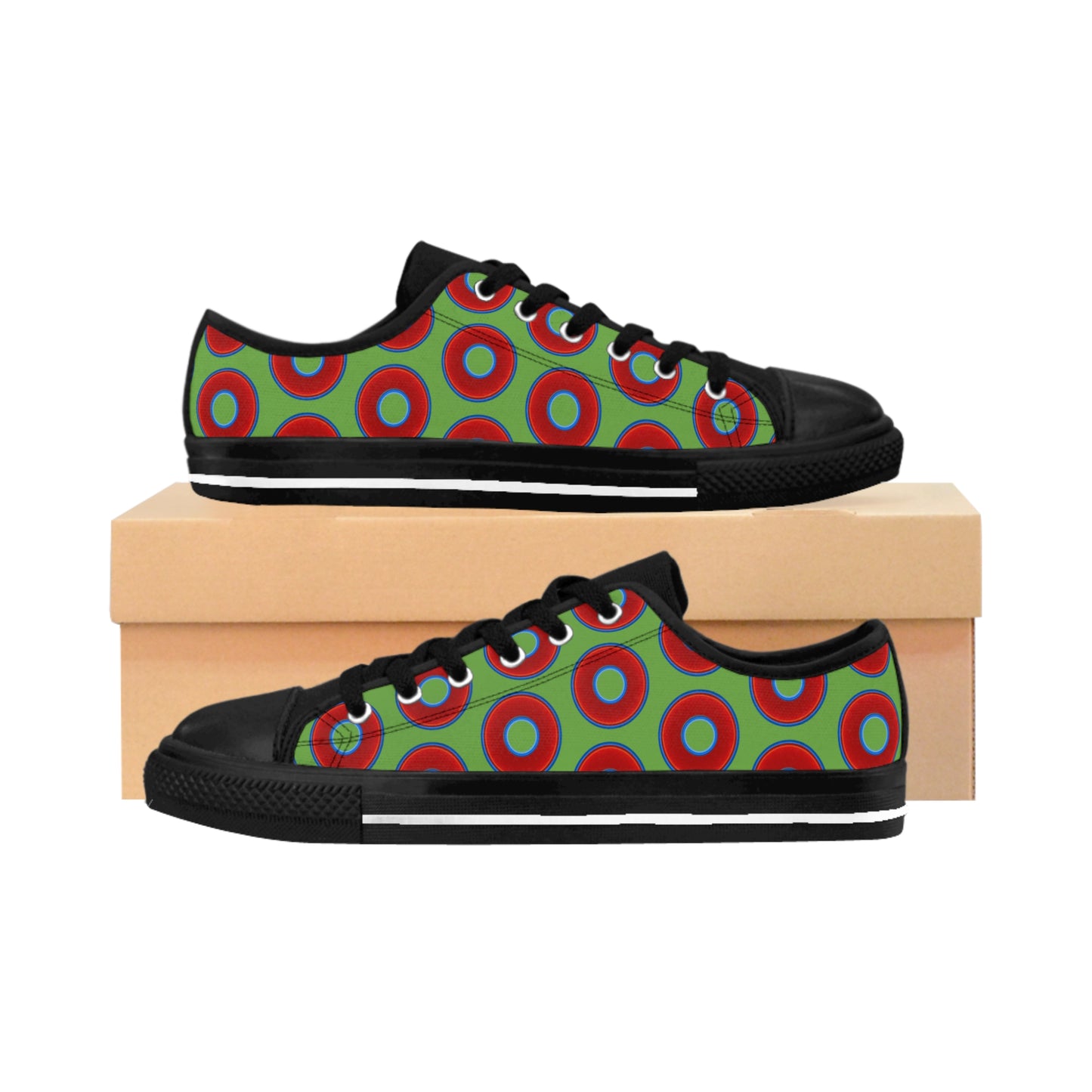 Men's Cushiony Convectors - Low Top - large red vivid donut print w/lime green background