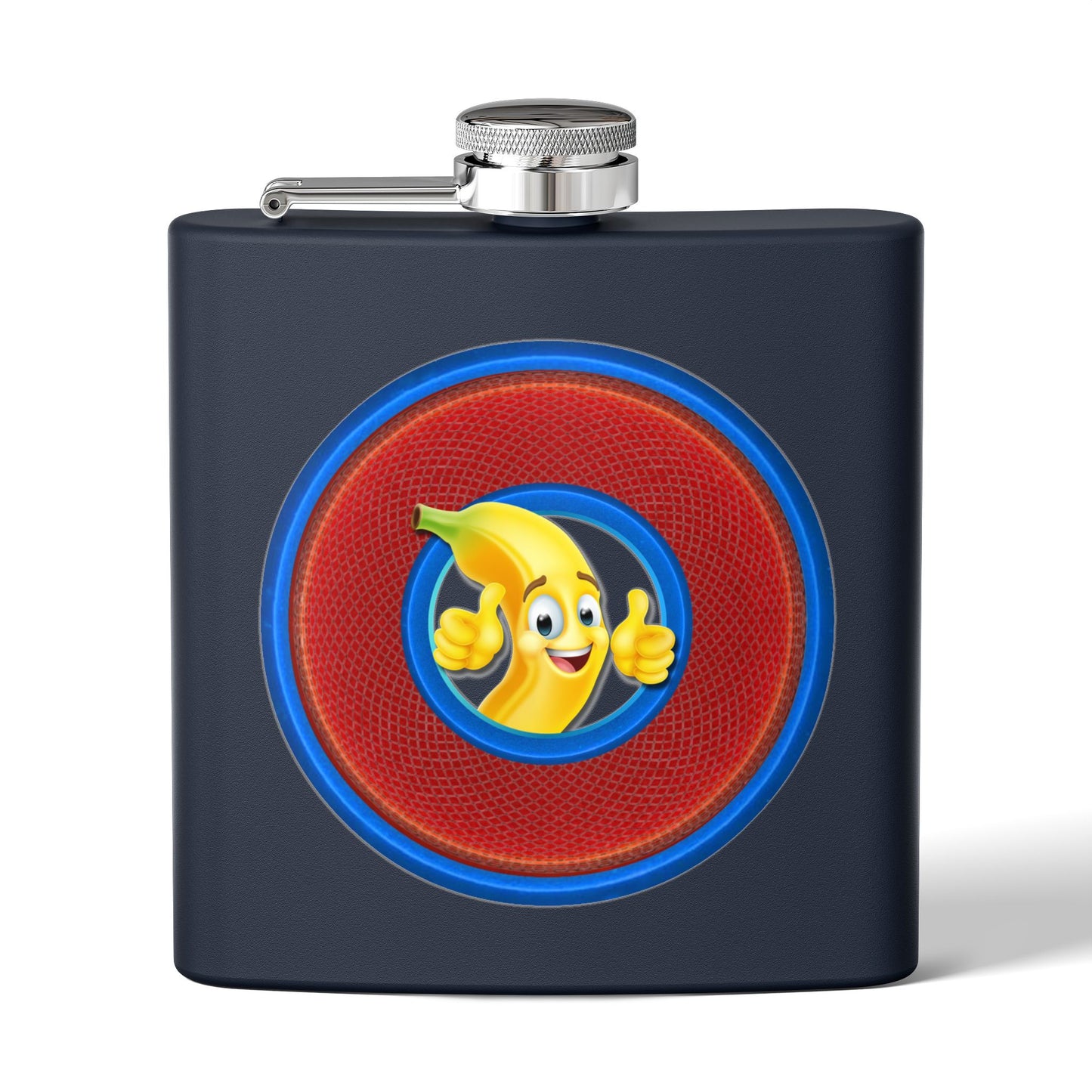 Lump's Donut Flask 6 oz -  "This Flask is Bananas" - red/blue rustic donut - [*w/your choice of 6 backgrounds]