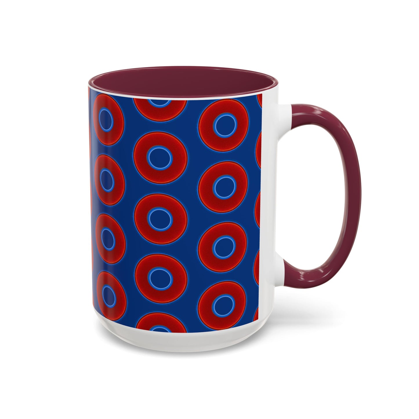 Lump's Grumpy Coffee Mug - vivid red donuts w/dark blue background