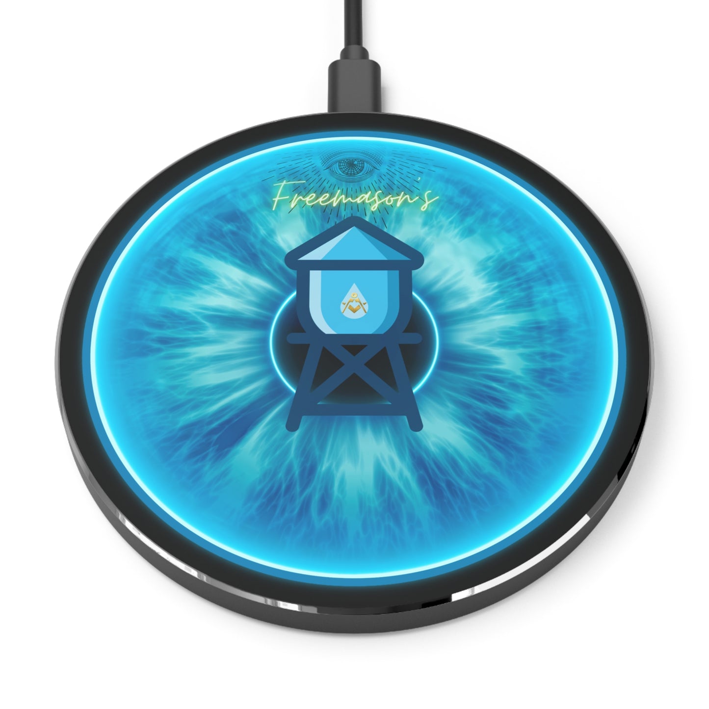 The Flow - Wireless Lumpy Donut Chargers - "The Peering Wireless Donut of Opacity " - vivid light blue idonut w/black background - variant 1