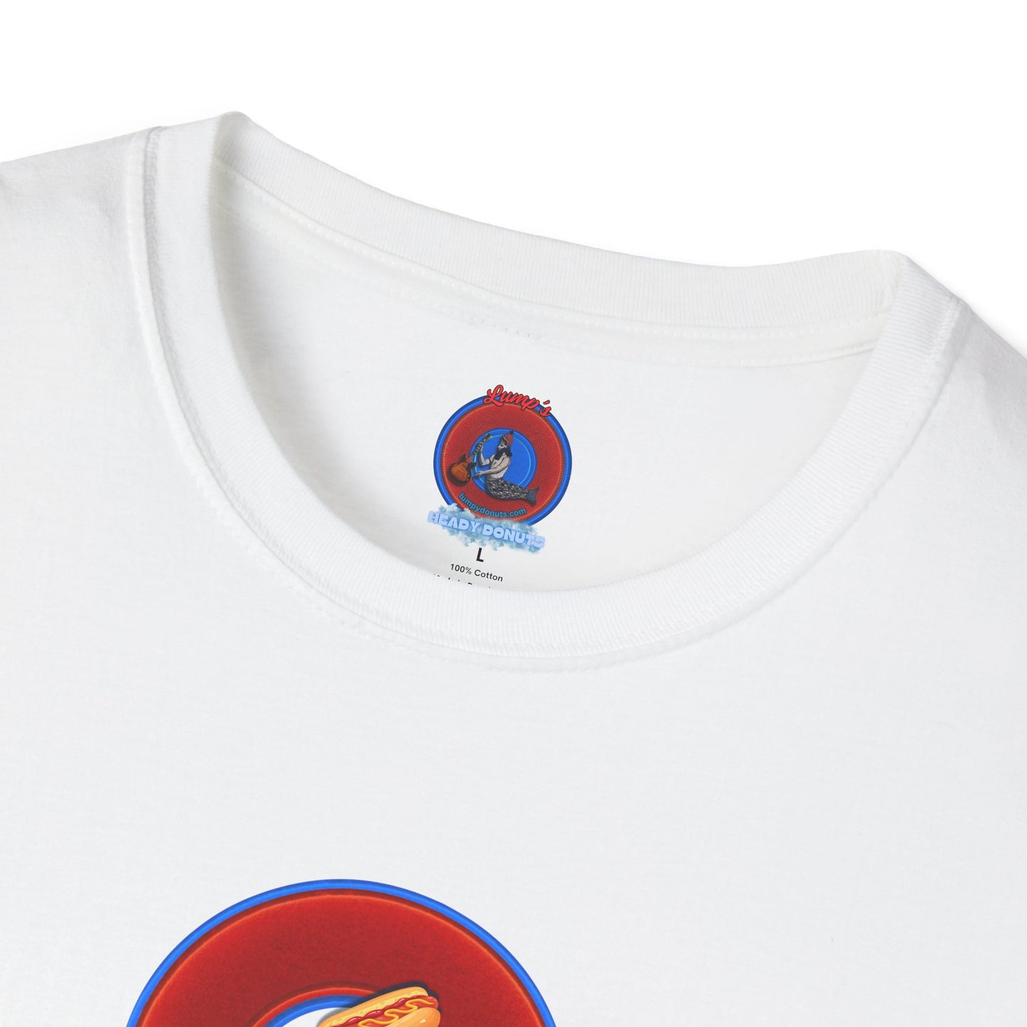 Classic Donut Tee - Unisex Soft-Style - "Viva Las Vegas Donut" -  vivid red donut w/raw dogger - variant 3