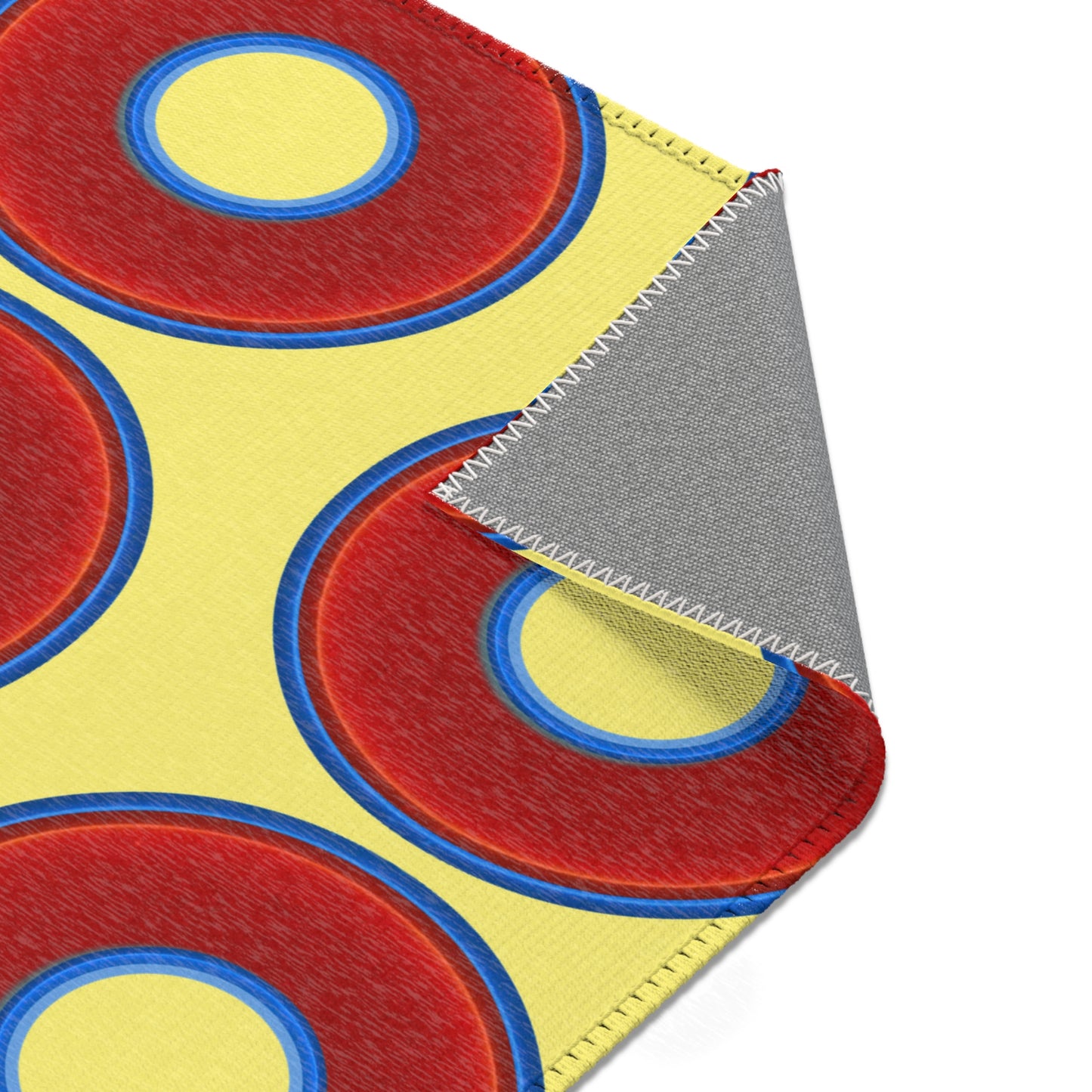 Lumpy Donut Print Rug - choice of 3 sizes - vivid red donut print w/yellow background