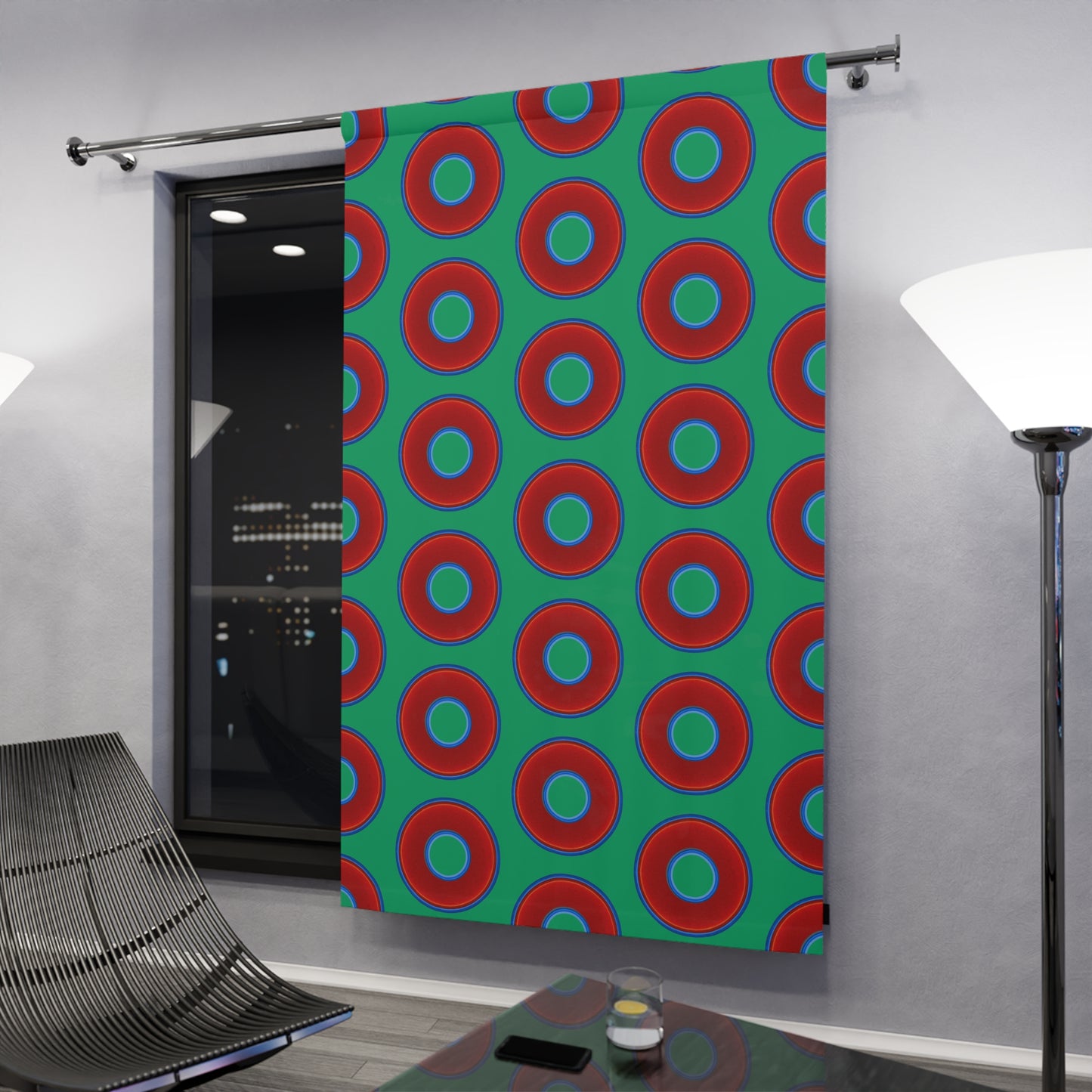 Lump's Heady Curtain w/Donuts - vivid red donut print - w/jade green background - [*1 Piece / 50" x 84"]