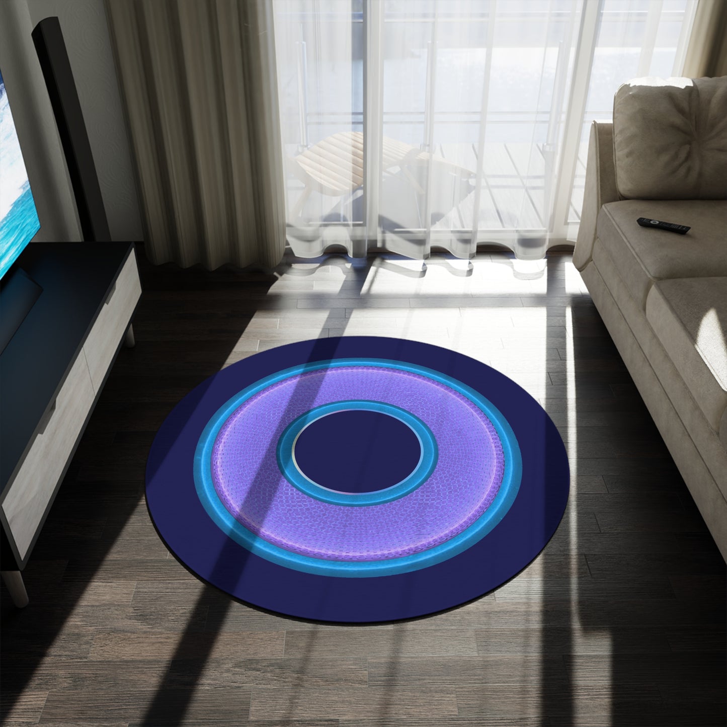 Round Room - 5 ft x 5 ft Lumpy Donut Rug - "Plain Donut" - rustic light purple/blue donut w/navy background