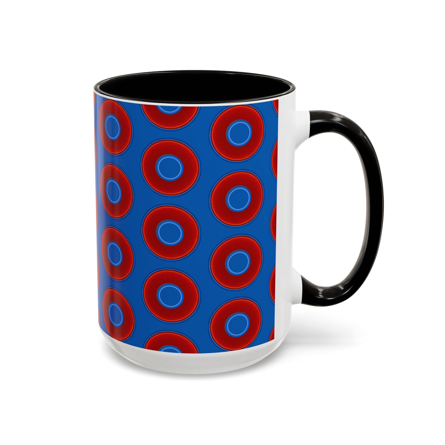 Lump's Grumpy Coffee Mug - vivid red donuts w/dark royal blue background