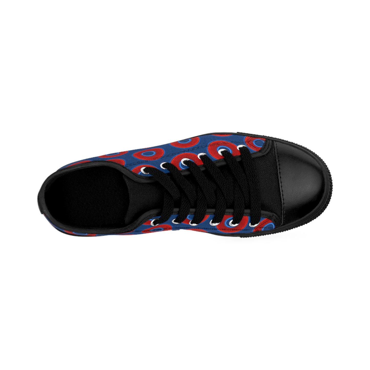 Women's Cushiony Convectors - Low Top - large red vivid donut print w/Atlantic navy blue background