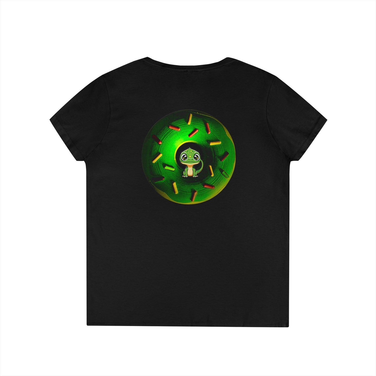 Women's Donut V-Neck Tee - "Soft as Baby Rutherford" - green cartoon donut w/sprinkles