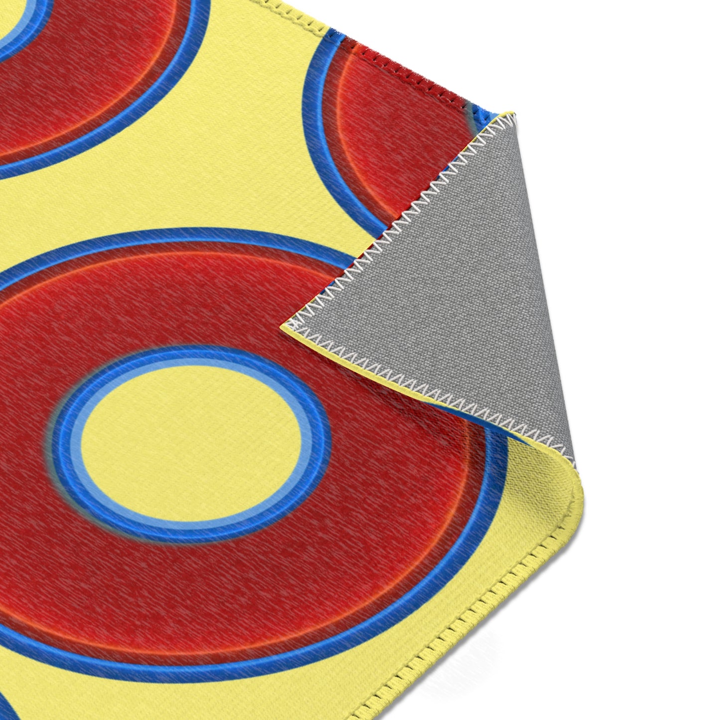 Lumpy Donut Print Rug - choice of 3 sizes - vivid red donut print w/yellow background