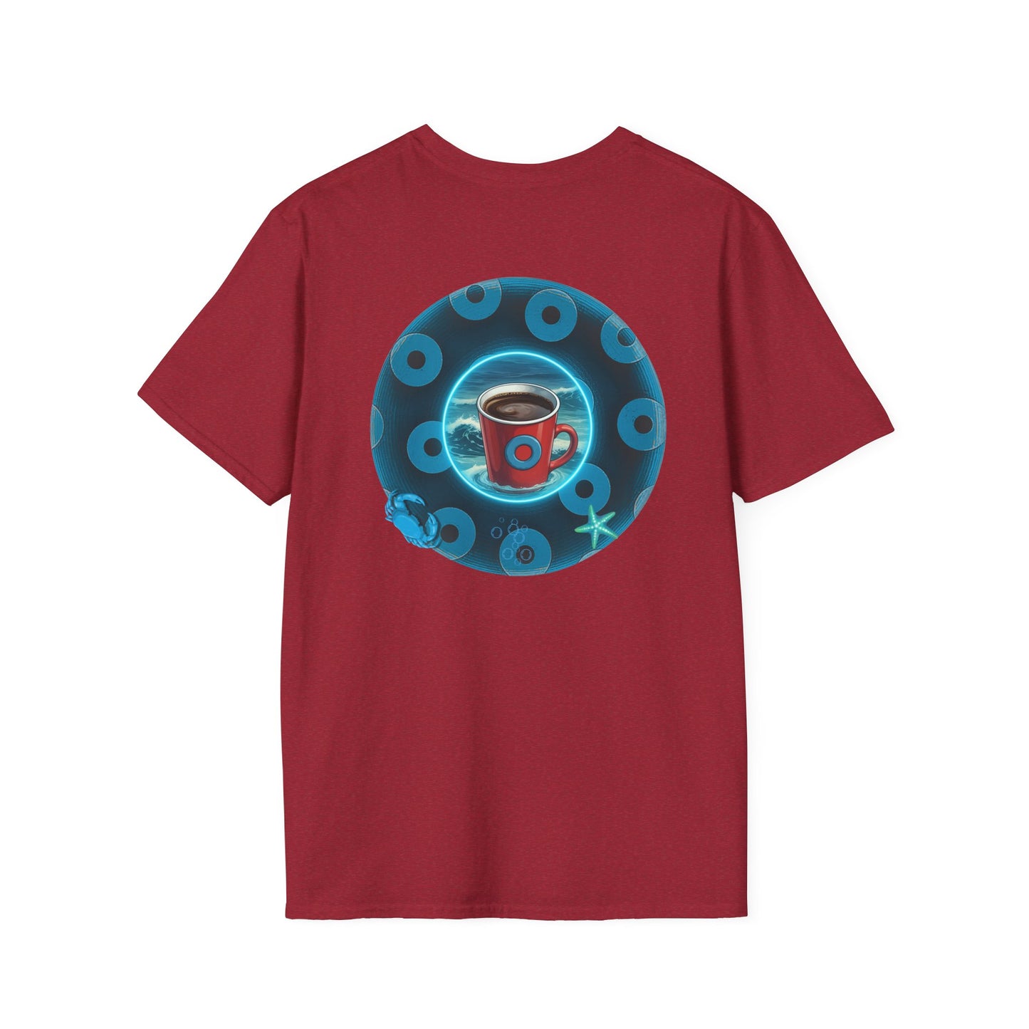 Lumpy Coffee Traders Tee - Unisex Soft-Style - "Good to Last Leaky Drop" - paradoxical ocean donut - variant 1 - logo front/coffee back